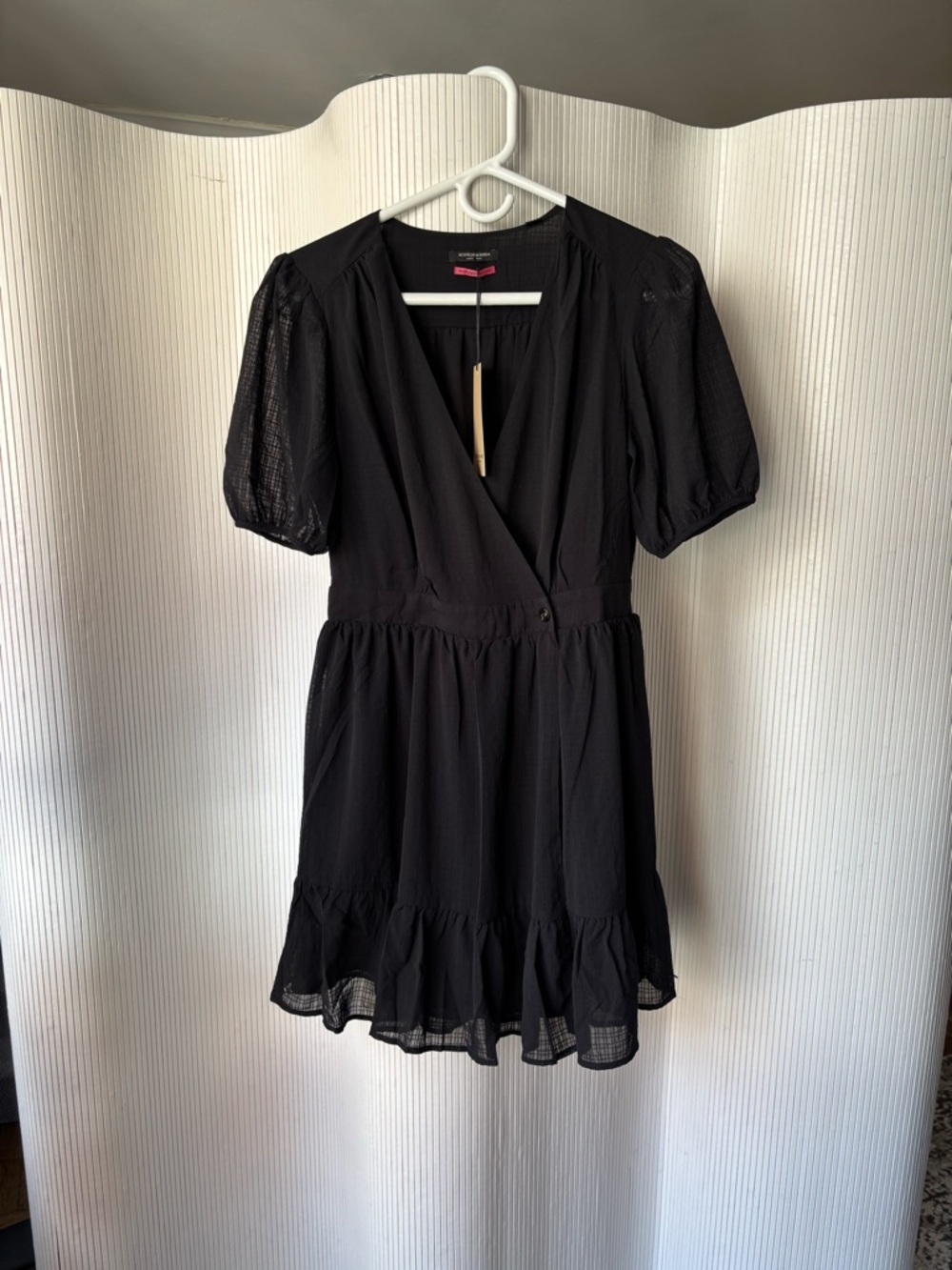 Scotch & Soda Black Puff Sleeve Wrap Mini Dress - size 36, similar to small
